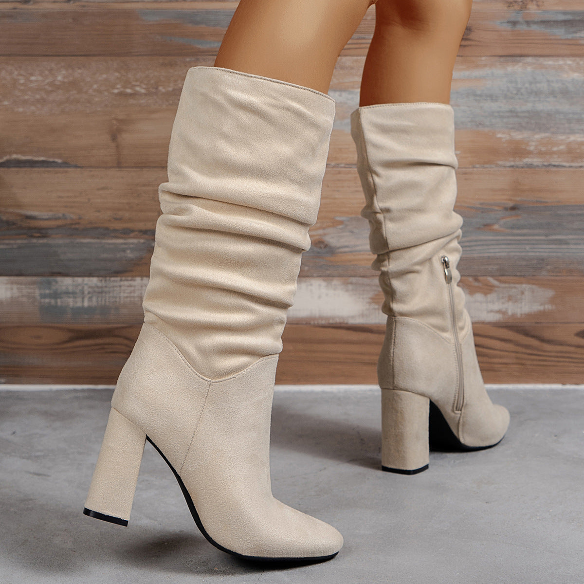 Wrinkled Chunky-heeled High-top Womens Boots