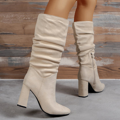 Wrinkled Chunky-heeled High-top Womens Boots