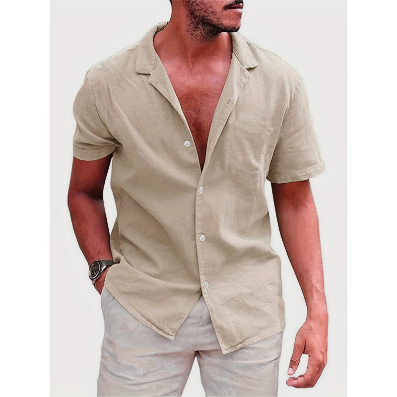 Solid-color Loose-fit Linen Shirt For Men