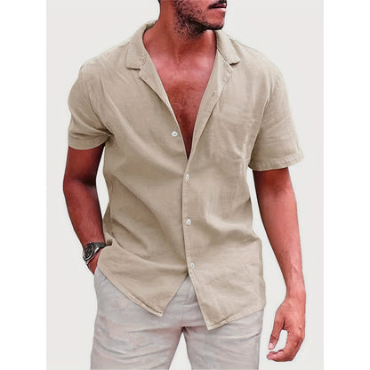 Solid-color Loose-fit Linen Shirt For Men