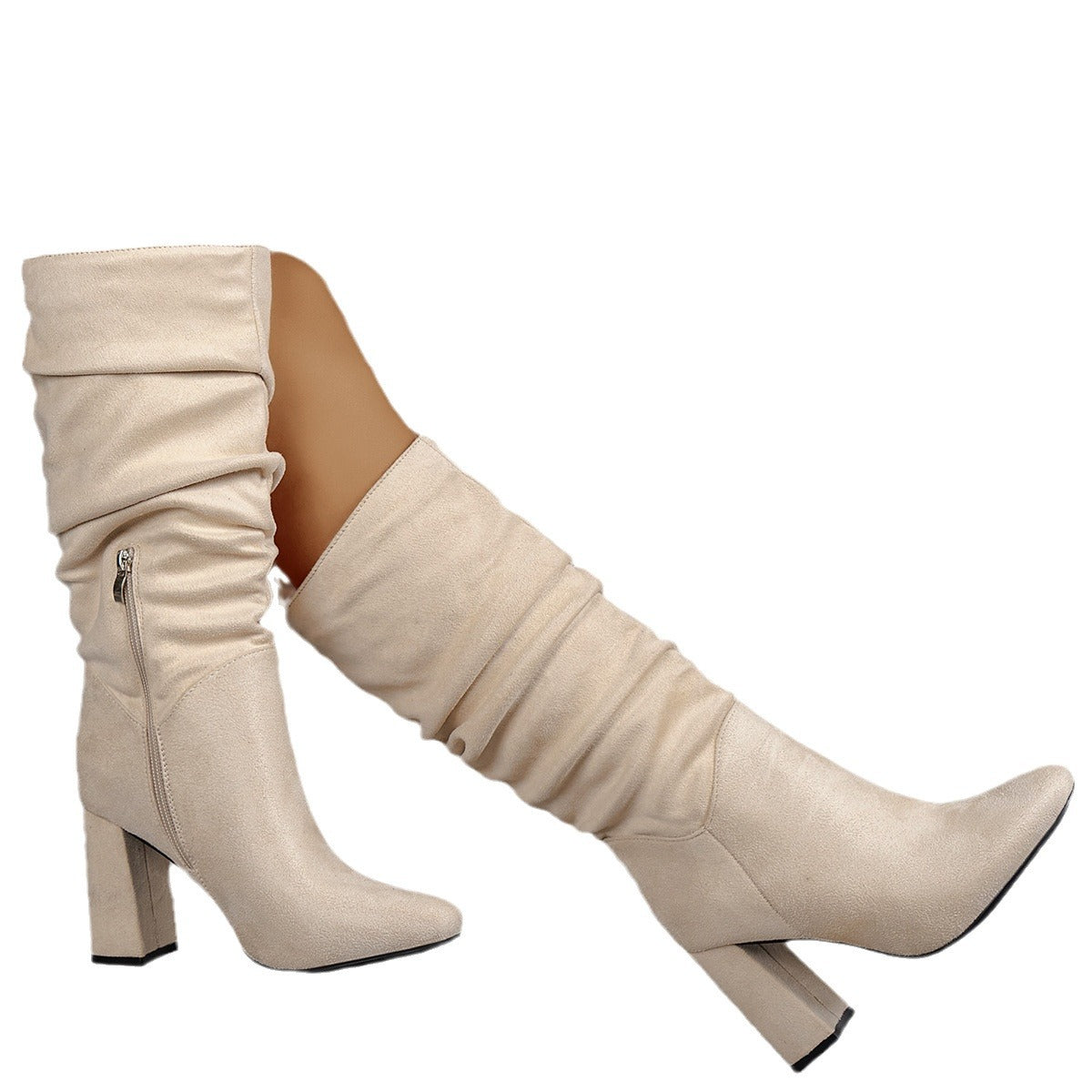 Wrinkled Chunky-heeled High-top Womens Boots