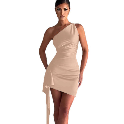 One-shoulder Pleated Slit Satin Dress