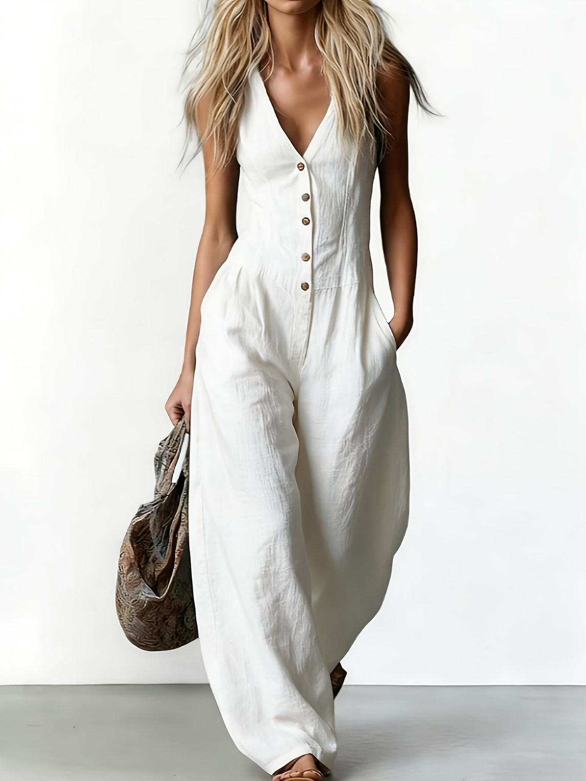 Fashion Textured Commuter V-neck Sleeveless Linen-look Jumpsuit For Women