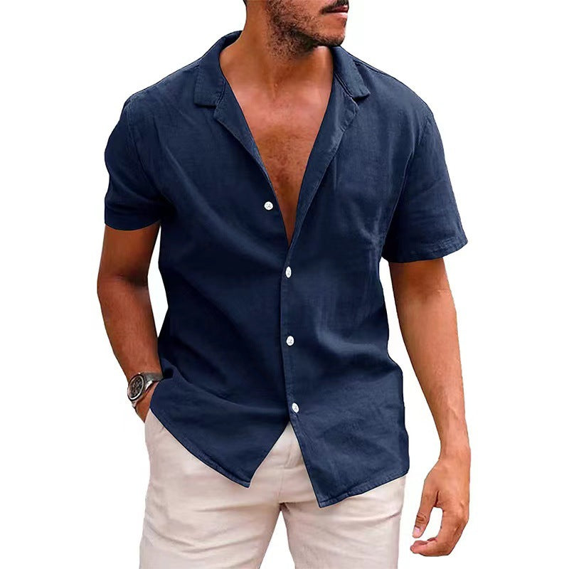 Solid-color Loose-fit Linen Shirt For Men