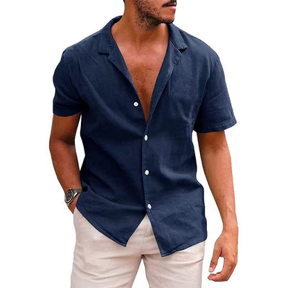 Solid-color Loose-fit Linen Shirt For Men