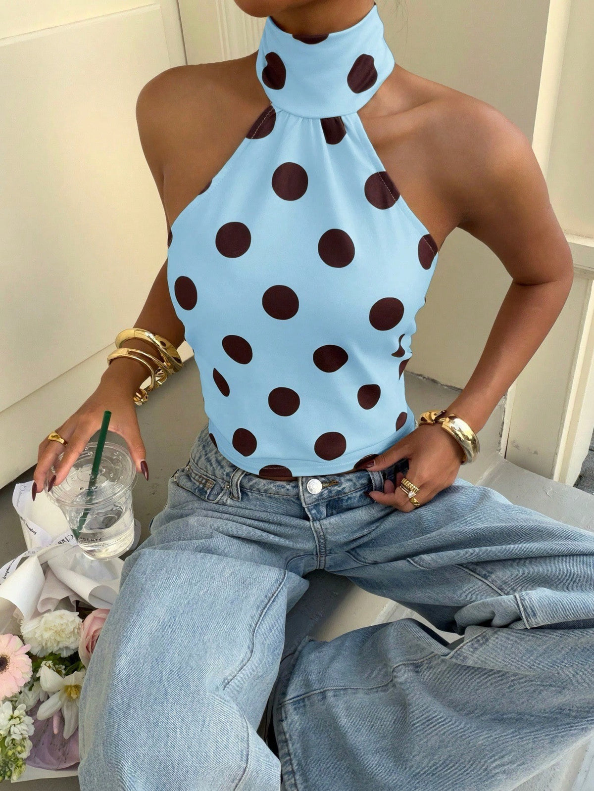 Polka-dot Printed Halterneck Vest For Women