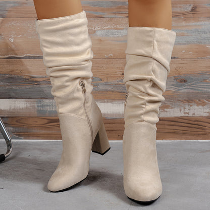Wrinkled Chunky-heeled High-top Womens Boots