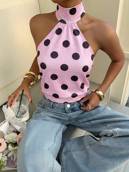 Polka-dot Printed Halterneck Vest For Women