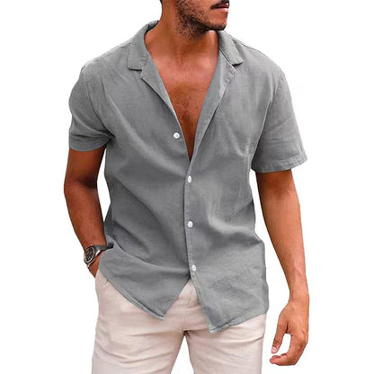 Solid-color Loose-fit Linen Shirt For Men