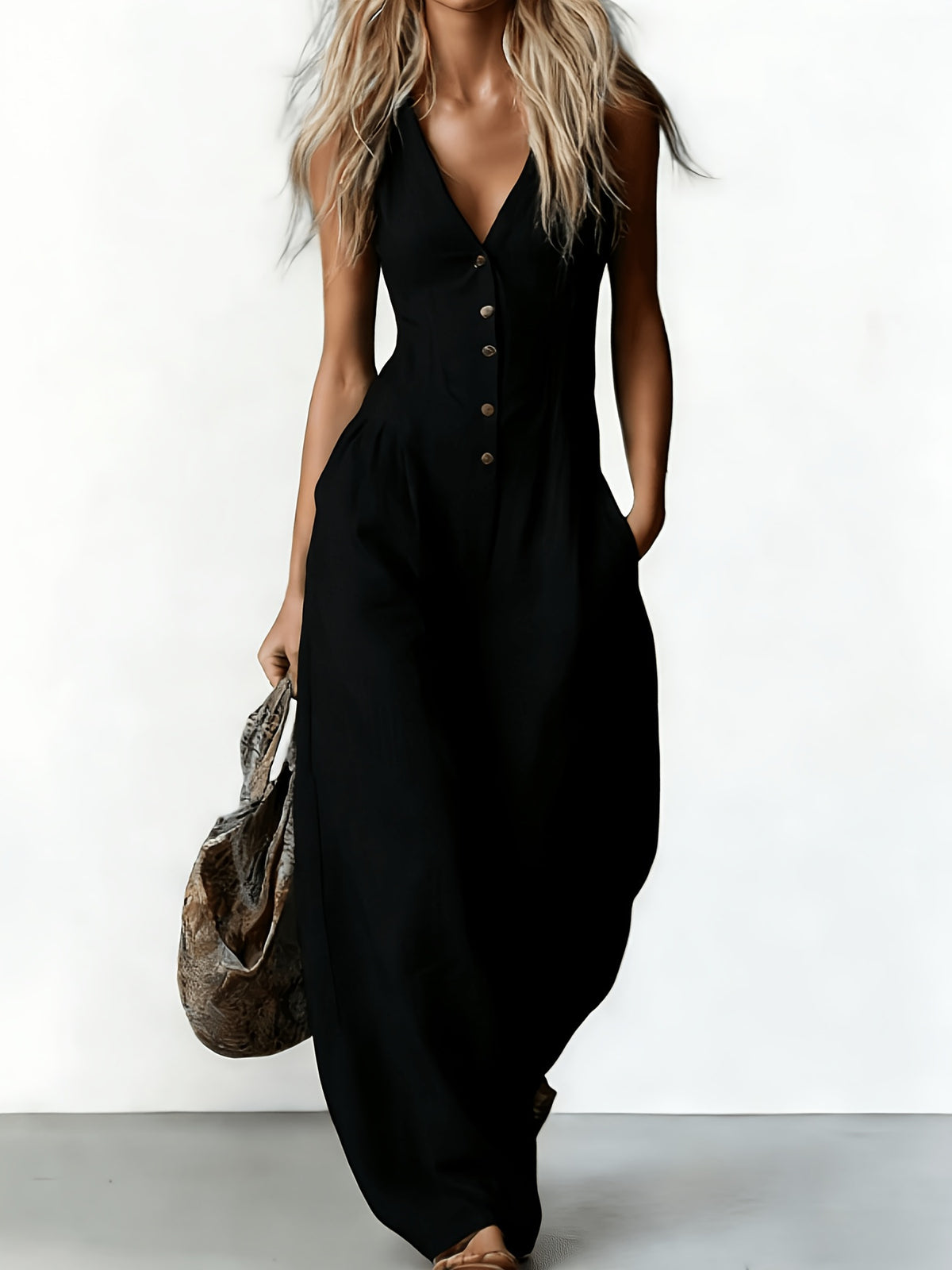 Fashion Textured Commuter V-neck Sleeveless Linen-look Jumpsuit For Women