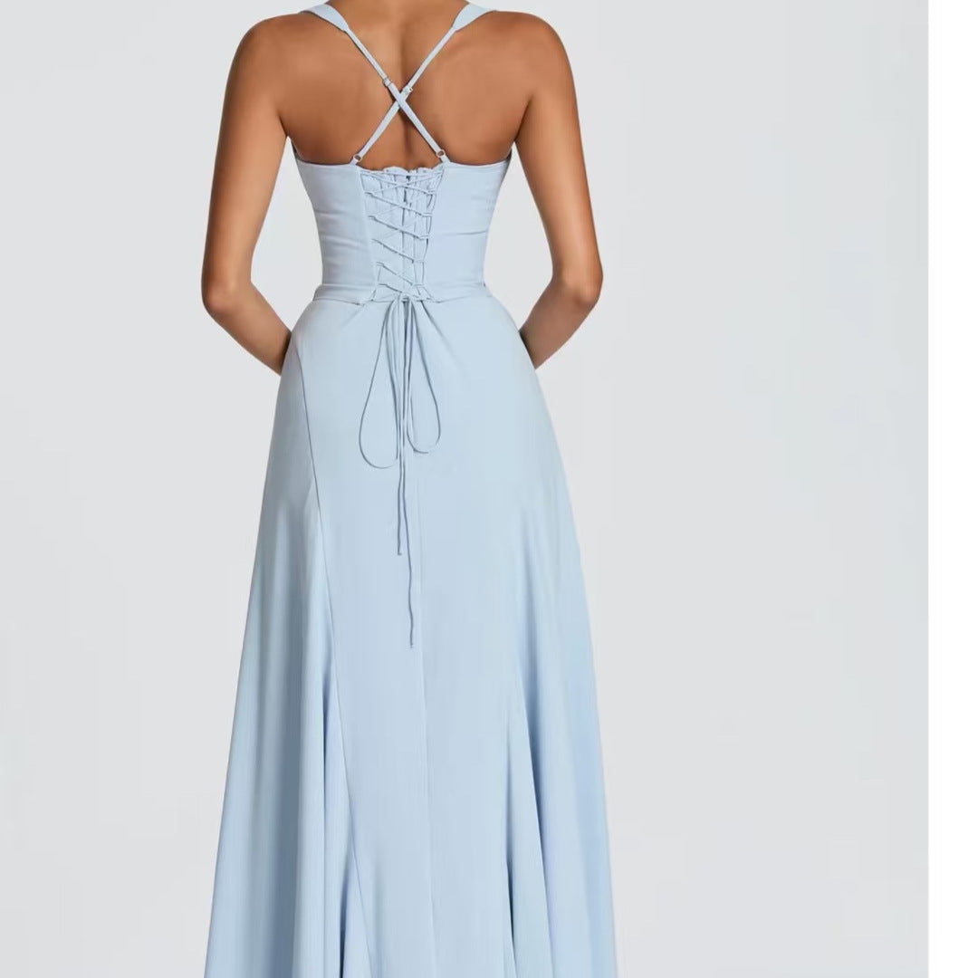Womens Wide-Strap Knotted Waistline Long Dress