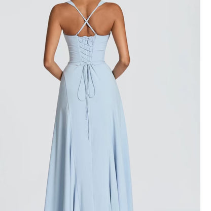 Womens Wide-Strap Knotted Waistline Long Dress