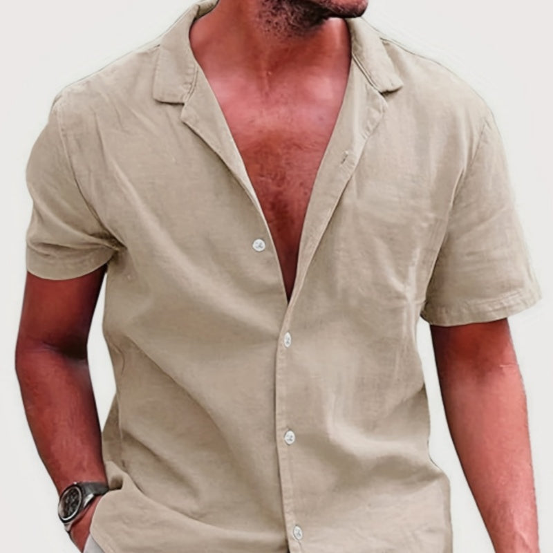 Solid-color Loose-fit Linen Shirt For Men