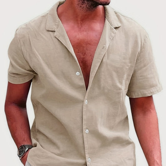 Solid-color Loose-fit Linen Shirt For Men