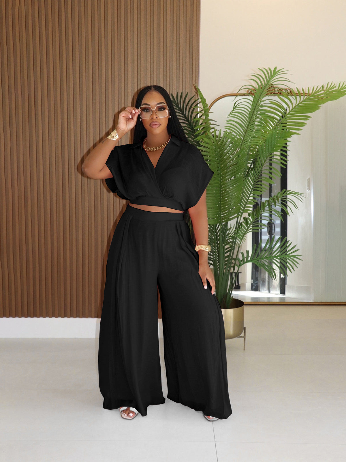 Women's High-waisted Wide-leg Pants Set