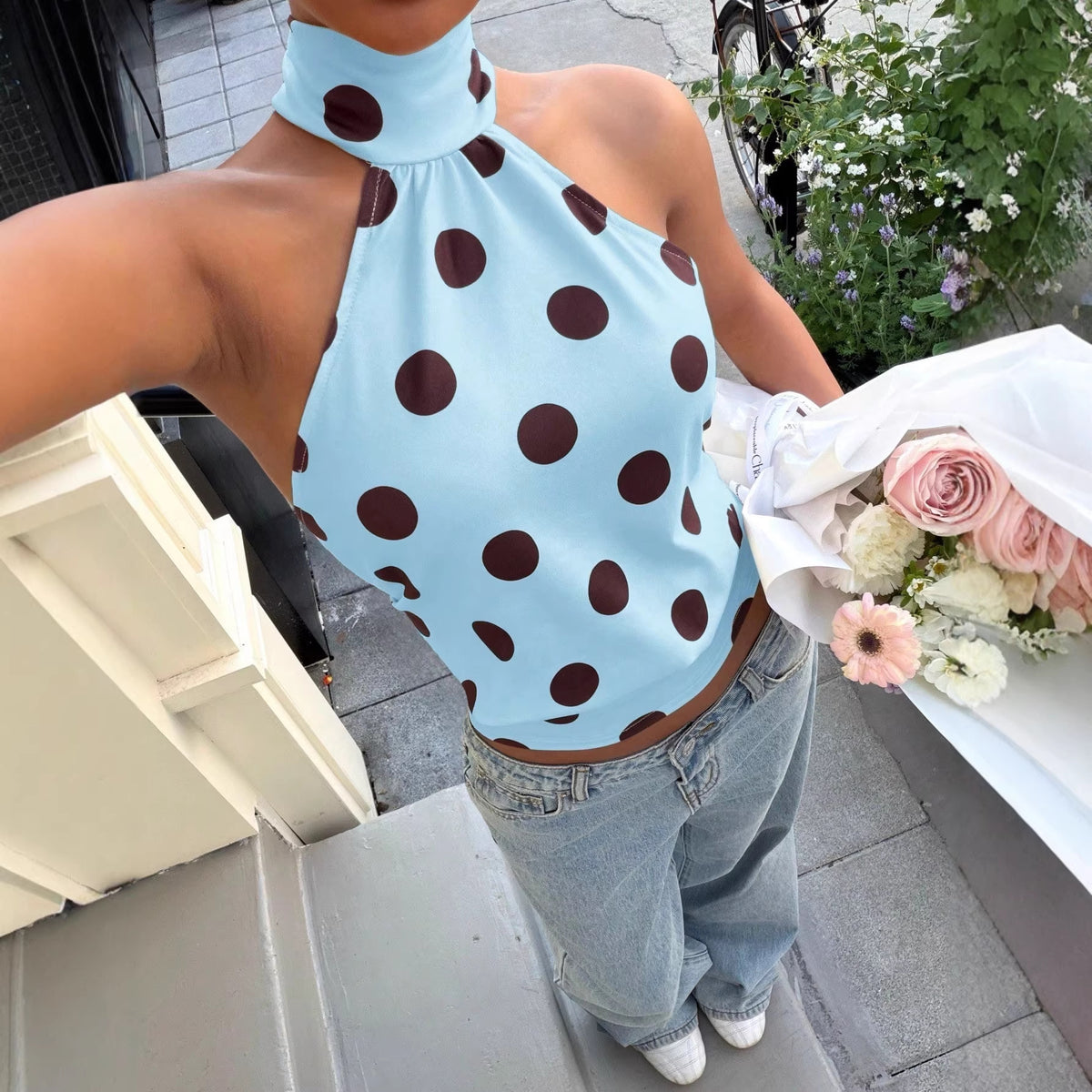 Polka-dot Printed Halterneck Vest For Women
