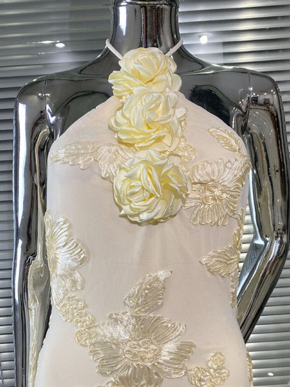 Cream Floral  Halter Neck Mermaid Gown