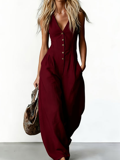 Fashion Textured Commuter V-neck Sleeveless Linen-look Jumpsuit For Women