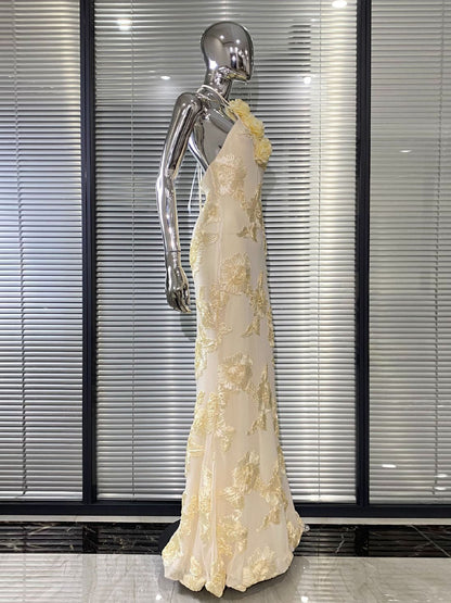 Cream Floral  Halter Neck Mermaid Gown
