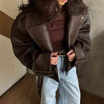 Turn-down Collar Short  Laced Brown Leather Jacket