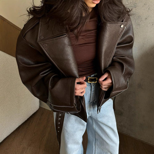 Turn-down Collar Short  Laced Brown Leather Jacket