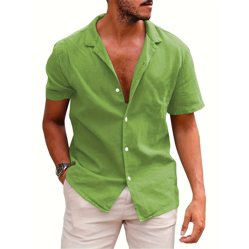 Solid-color Loose-fit Linen Shirt For Men