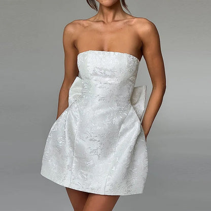 Fashionable Chic Sexy Solid-Color Jacquard Tube Dress With Bow Accent