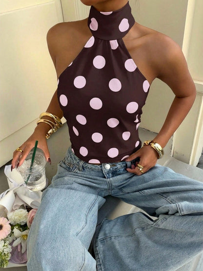 Polka-dot Printed Halterneck Vest For Women