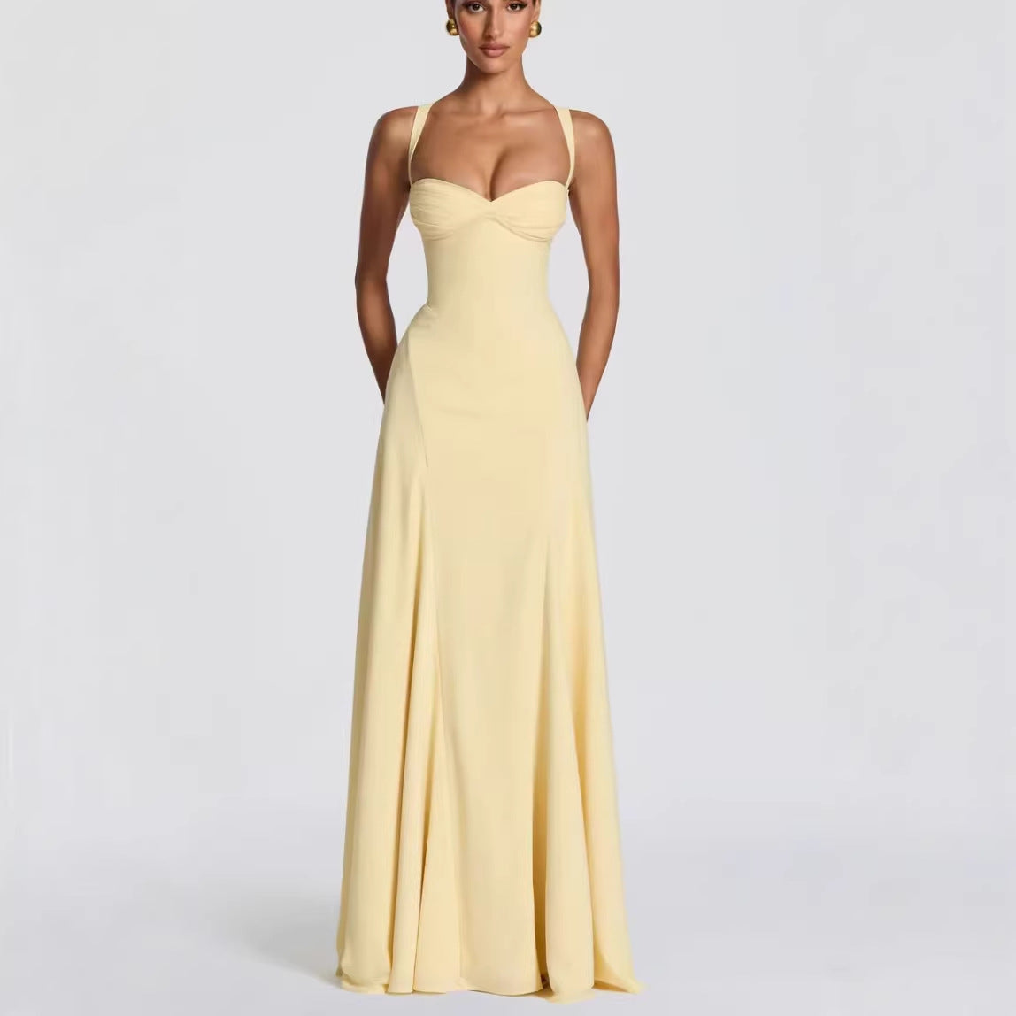 Womens Wide-Strap Knotted Waistline Long Dress