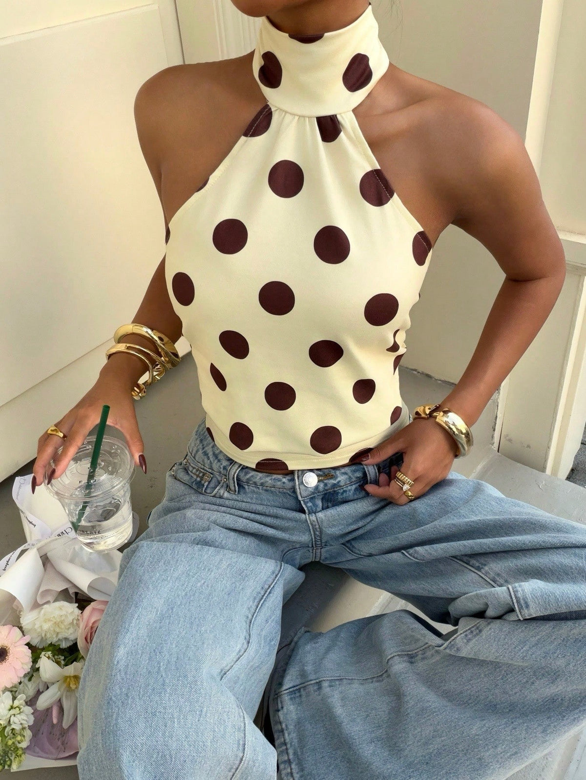 Polka-dot Printed Halterneck Vest For Women
