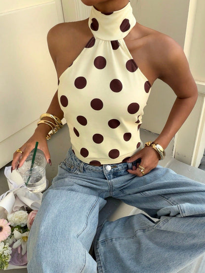 Polka-dot Printed Halterneck Vest For Women