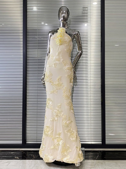 Cream Floral  Halter Neck Mermaid Gown