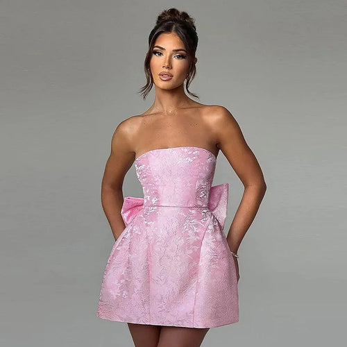 Fashionable Chic Sexy Solid-Color Jacquard Tube Dress With Bow Accent