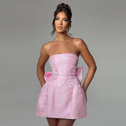 Fashionable Chic Sexy Solid-Color Jacquard Tube Dress With Bow Accent