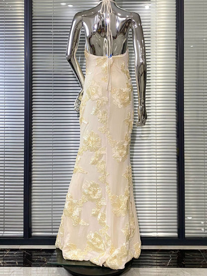 Cream Floral  Halter Neck Mermaid Gown